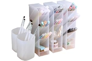 MARBRASSE Organizer na biurko, regał na długopisy do biura, szkoły, na artykuły domowe, przezroczysty, biały, 3 półki, 2 pojemniki, 16 przegródek, 5-częściowy zestaw uchwytów na długopisy