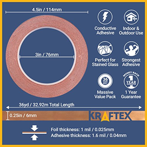 Kupfer Folie Tape mit leitfähigem Kleber (6 x 33 Meter) – Handwerk, gebeizt Glas, Löten, Elektro-Reparaturen, Erdung, EMI Schirmung – Extra Lang Value Pack – Tolles Einführungspreis - 6