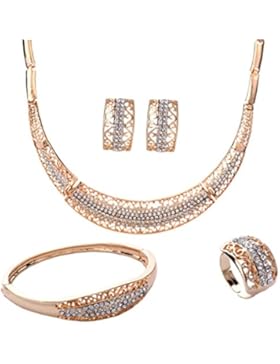 YAZILIND Gold überzogene hohle Halskette Ohrringe Armband Ring Strass Brautschmuck 4 Stück Schmuck Sets