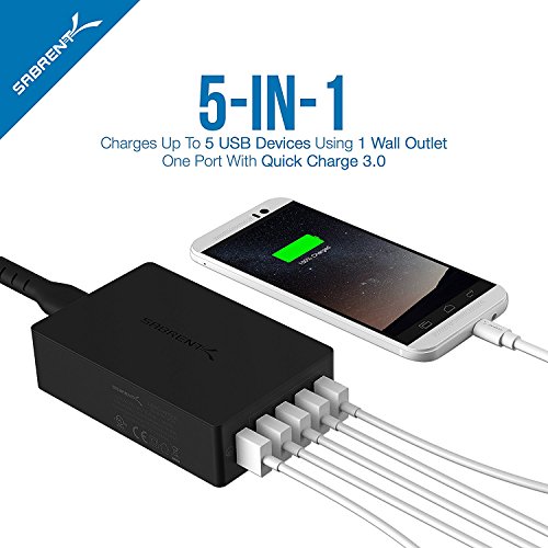 Sabrent Ladegeräte & Adapter Quick Charge 3.0 [UL-zertifiziert] 54W 5-Port Anschlüsse Family-Sized Desktop. USB-Schnellladegerät. Smart-USB-Ladegerät mit Auto Detect Technologie [Schwarz] (AX-QCS5) - 3