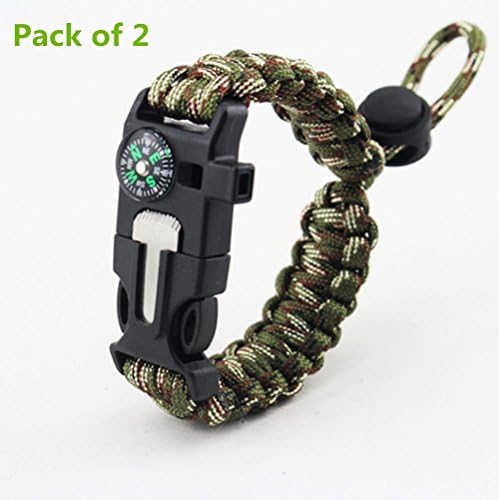 OrchidBest 2 PACK Paracord Bracelet Survival Gear Kit with Compass Fire Starter Emergency Whistle and Rescue Rope Buckle Design, A Must for Travel Hiking Camping (Camo)