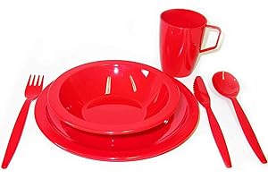 HARFIELD Red Camping Dining Set - Plate, Bowl, Beaker and Cutlery - Reusable Virtually Unbreakable Tableware