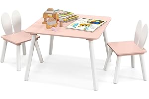FANTASK Tavolo per bambini con 2 sedie, 3 – 6 sedie per bambini, con gambe in legno massiccio e orecchie di coniglio, colore: rosa