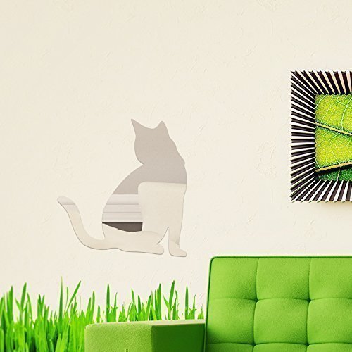 Walplus Spiegel Wall Art "3D Kristall Acryl Katze Aufkleber Abnehmbare Wandbild Aufkleber Vinyl Home Dekoration DIY Living Schlafzimmer Décor Kids, Silber