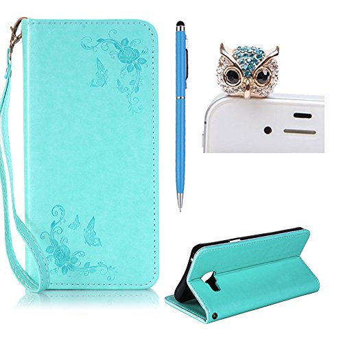 SKYXD Leder Hülle für Samsung Galaxy A3 2016 Rosen Blumen und Schmetterlings Muster,PU Folio Klappbar SchutzHülle [Brieftasche Kartenfach / Magnet / Standfunktion / Trageschlaufe] KlappHülle für mit [Eule Handyanhänger + Eingabestift] 3 in 1 Zubehör Set Handy Tasche Etui for für Samsung Galaxy A3 2016 A310F Bookstyle Flip Case Leather Cover With [Stylus and Dust Plug]- Mint Grün