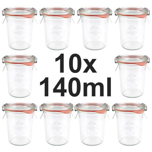 10 x Weck Gläser 140ml - Spar-Set - Sturzgläser mit Glasdeckel, Einkochring, Klammern *** Weck - Einmachglas - Weckglas - Weckgläser - Haushaltsglas - Einmachgläser - Sturzglas - Einkochglas - Marmeladenglas - Einkochgläser - Marmeladengläser ***