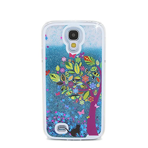 Für Samsung Galaxy S4 Hülle,Für Samsung Galaxy S4 Flüssigkeit Handyhülle,Funyye Luxus Luxuriös [Bunten Muster] Liebe Herzen Star Fließt Treibsand Durchsichtige Handytasche Glänzend Glitzer Diamond Diamant Fließen Flüssig Flüssigkeit Handyhülle Handy Hülle Case Tasche Crystal Case Durchsichtig Schutzhülle Etui Bumper Für Samsung Galaxy S4 + 1 x Frei Displayschutzfolie – Blau Glitter,Bunten Baum - 5