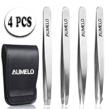 Tweezers Set 4-Piece Professional Stainless Steel Tweezers with Travel Case by Aumelo - Best Precision Eyebrow and Splinter Ingrown Hair Removal Tweezer Tip,Silver