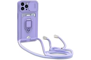 yanasuo Schiebe Kameraschutz Silikon Handykette Hülle kompatibel mit iPhone 15 Pro, Metall Ring Halter Handy Cover,Verstellbarer Halskette Handyhülle-Lila