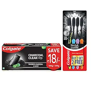 Colgate Charcoal Oral Care Combo Black Gel Toothpaste, 240g Saver Pack, with Slim Soft Charcoal Toothbrush for Cavity Protection, Whitening, Plaque Removal, Deep Clean - 4 pcs