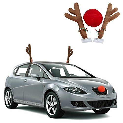 Rexco Plush Car Truck Van SUV Reindeer Jingle Bell Antlers & Red Rudolph Nose Christmas Festive Decoration Costume Attachment Accessories Xmas Prop Set
