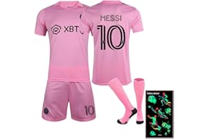 PIUMOJ Maglie da Calcio, Set Maglie di Calcio per Bambini, Kids Soccer Jersey, Numero 10, Rosa Maglie di Calcio Include T-Shirt, Pantaloncini, Calzini e Tatuaggi di Calcio