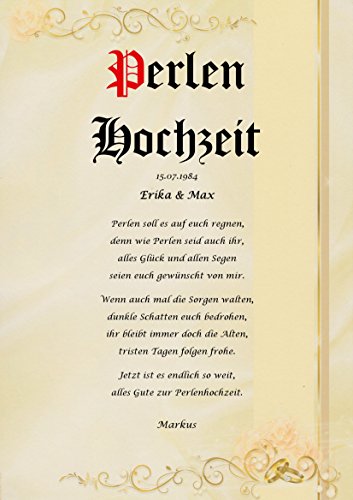 Perlenhochzeit Urkunde persönliche Geschenk Karte zum 30. Hochzeitstag Pergament div. A4 Papier Motive - 6