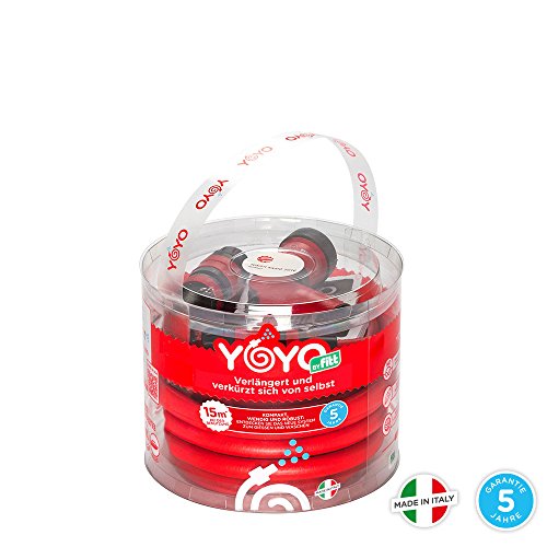 YOYO 15 m, der robuste und leichte, flexible Gartenschlauch, der sich von 7.5 auf 15 Meter ausdehnt und mit Bewässerungspistole und Aquastop-Schnellkupplungen ausgestattet ist. Verpackung und Anleitung auf Deutsch. Vielseitig einsetzbar zuhause und auf Reisen. YOYO, der rote flexible Gartenschlauch von FITT aus Italien - 2