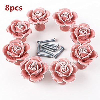 FABSELLER Lot de 8 boutons de fleurs vintage Rose Fleur en céramique Tirette de poignée de porte pour armoire tiroir Porte Placard Armoire Casier Armoire rose