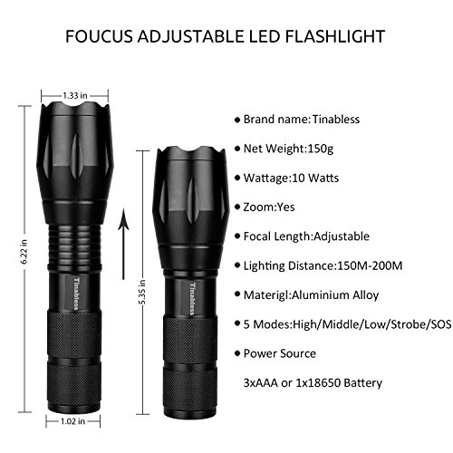 Taktische LED Taschenlampe, Tinabless 1000 Lumens Zoombare einstellbare Focus Taschenlampe – fünf Modi, Hilight LED CREE XML T6 Taschenlampe – Schwarz Doppel - 3
