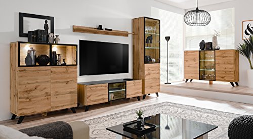 Juub Wohnwand Anbauwand Wohnzimmer Schrankwand Thin LED Beleuchtung Push - Click - Thin Set