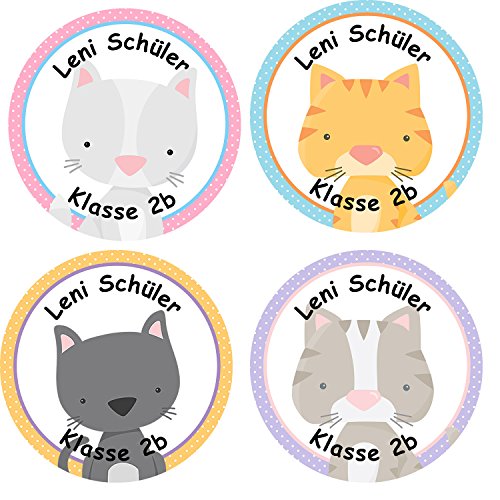 24 individuelle Aufkleber Namenssticker Schule - Motiv Katzen (Set 30)