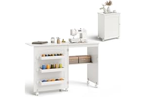 RELAX4LIFE Mobiletto per Macchina da Cucire Pieghevole su Ruote Bloccabili, Tavolo da Cucito in Legno con Ripiani Portaoggetti, Tavolino Cucito Multiuso da Studio e Salotto, 117,5x 40x 77cm (Bianco)
