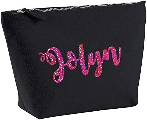 Jolyn Personalised Name Cotton Canvas Black Make Up with a Holographic Pink Print Accessory Bag Wash Bag Size 14x20cm. The perfect personalised Gift for All occasion, Christmas, Birthdays,