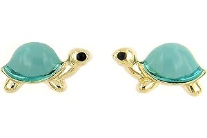 FORME DI LUCCHETTA Lucchetta – Pendientes para niña de oro amarillo de 9 quilates con tortuga de mar azul de la suerte – Pendientes de oro niña certificados Made in Italy, Oro amarillo