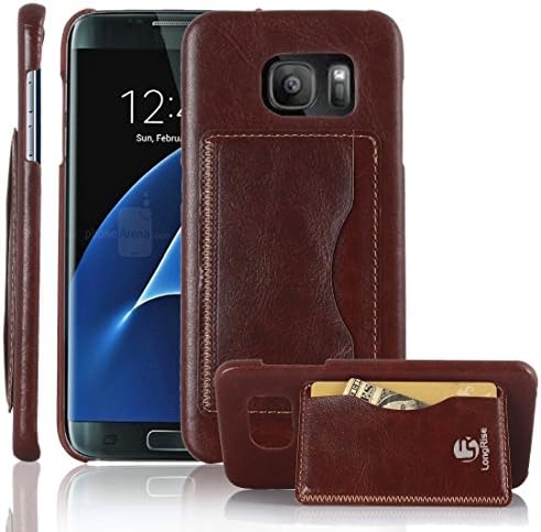 S7 Edge Leather Back Case, Ultra Thin Leather Phone Case Back Cover for Galaxy S7 Edge with Card Holder Kickstand (Brown)