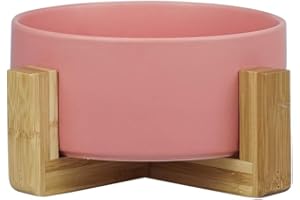 HCHLQLZ Rosa Ceramica Comedero Perro y Comedero Gato - 850 ml - En un Elegante Soporte de bambú - También Adecuado para Perros Grandes/Grandes felinos