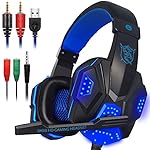 Gaming Headset with Mic and LED Light for Laptop Computer, Cellphone, PS4 and the New Xbox One, DLAND 3.5mm Wired Noise Isolation Gaming Headphones - Volume Control.( Black and Blue )