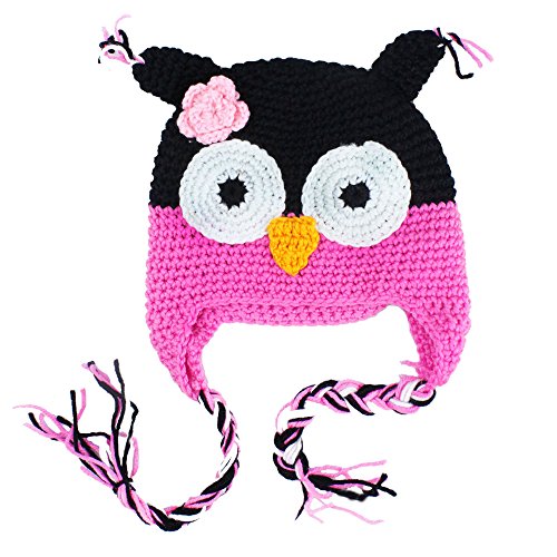 Womdee(TM) Cute Handmade Toddler Baby Boys Girls Owls Crochet Knit Woolly Cap Ear Flap Hat-Black&Roseo With Womdee Accessory Necklace