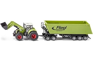 siku 1949, Tracteur Claas Axion avec chargeur frontal, Chariot et camion benne, 1:50, Métal/plastique, Vert, Pelle mobile et bras pivotant pour chargeur frontal, Benne basculante