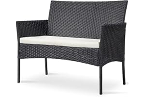 GardenCo Rattan 2 Seat Bench - Garden Sofa with Cushion - Addition to Garden Furniture Set - Indoor and Outdoor Suitable (Black)