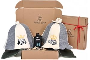 ‎SAUNA GURU Sauna Geschenkset „Sauna King & Queen“ – 2x Saunahut aus 100% Wollfilz + Eukalyptus Saunaaufguss – Luxus Sauna Set für Zwei – Saunazubehör & Geschenkidee für Sauna Liebhaber, Wellness & Entspannung