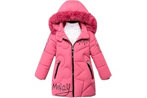 linboo Winterjacke Mädchen Wintermantel mit Abnehmbarer Fellkapuze Warme Lang Mantel Kinder Parka Outdoor Jacke mit Buchstaben und niedliche Muster