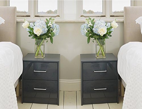 Pair of High Gloss Bedside Two Drawer Cabinets - Grey