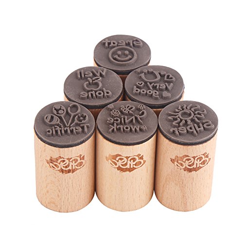 ccinee 6 rund Holz Gummi Stempel für Schule Lehrer English Toy Briefmarken - 5