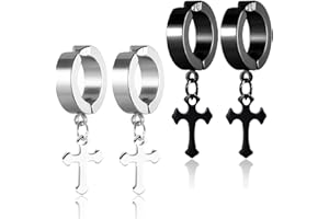 BQRKOTM 2 Paar Herren Unisex Creolen Edelstahl Klassisches mit Kreuz Anhänger Ohrclips Ohrstecker Ohrhänger Ohr-Piercing für Herren Damen ohne Ohrlöcher