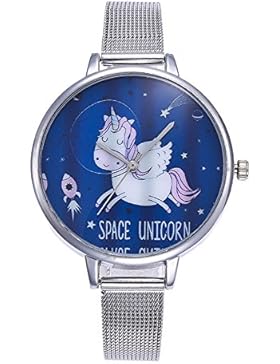 MJARTORIA Damen Einhorn Armbanduhr Analoge Edelstahl Mesh Armband Mädchen Quarz Uhr Silber Farbe
