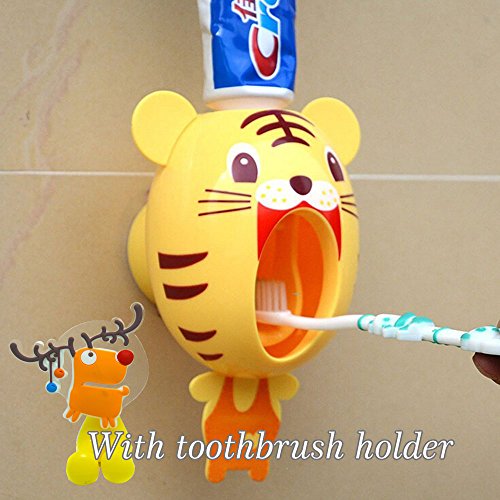 Baby-Zahnbürste-Spender, scherzt Hände frei Zahnpasta-Spender BigNoseDeer Kinder automatisches Karikatur-nettes Tier-Zahnpasta-Squeezer-gutes Geschenk（Tiger） - 2