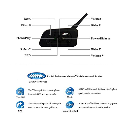 Qaurora V6 BT Interphone 1200M Bluetooth Motocicleta Motocicleta Casco Intercom Auriculares con Interfono Duplex Control Avanzado de Ruido para hasta 6 Riders (2 pieza)