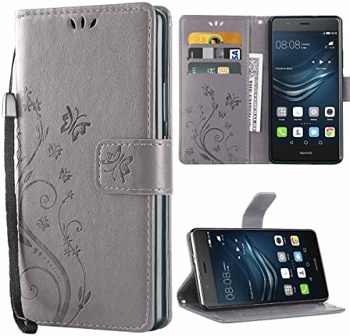 Huawei P9 Lite Case,iDoer P9 Lite Leather Butterfly Pattern Folio Flip Wallet Cover and PU Case with Stand Lanyard Card Holders Slots Magnetic Closure Protective Case for Huawei P9 Lite - Grey