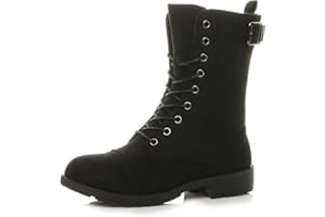 AJVANI Womens Ladies mid Block Heel lace up Zip Combat Military Ankle Boots Size