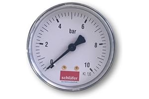 Schläfer 0930160 | Manometro Idraulico per Misurazione Pressione Acqua, Attacco Posteriore Assiale da 1/4" e Scala di Misura 0-10 Bar, Diametro 63 mm, Ideale per Impianti Termici, Aria e Acqua