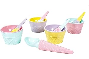 Bubble Store 9-teiliges Eiscreme-Set mit 4 Eisbechern, 4 Eislöffeln und Eisportionierer im Eisdielen-Retro-Design, Löffel+Portionierer in Eistütenform, Kunststoff, Pastell-Farben