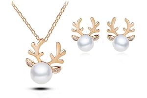 FDEETY Damen Schmuck Sets 925 Sterling Silber Weihnachten Tropfen Perlen Elch Halskette Ohrringe für Valentinstag Hochzeitsgeschenk
