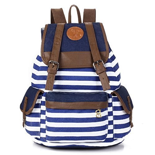 BESTOPE® Neu Modische Unisex Canvas Schultasche Rucksack Super Streifen Schule Hochschule Laptop-Tasche Schulrucksack Daypack Wanderrucksack Schultasche Rucksack für Mädchen Jungen Studenten (Blau)