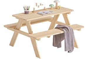 Bellabino Inny Kindersitzgruppe für 4 Kinder – Kindertisch mit 2 Bänken – Sitzbank Outdoor – Picknicktisch aus Kiefer, unbehandelt – Kinderbank für Garten – Kinder Gartenmöbel, Gartentisch ab 2 Jahren