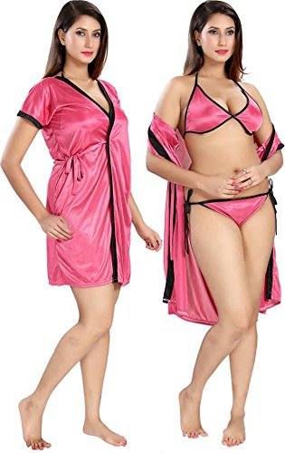 Fabme Womens Satin Three Piece Nighty ( Robe, Bra, Panty ) ( Peach ) RS.199 (67.00% Off) - Amazon