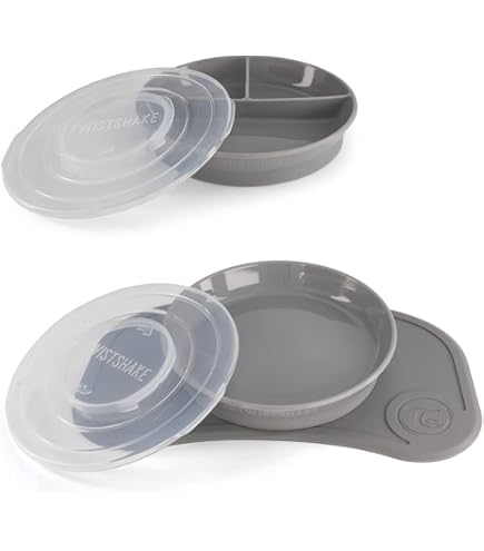 Twistshake Ensemble Vaisselle Bébé 5 Pièces - Tapis Silicone, Assiette, Bavoirs Et Gobelet Paille - Gris - Dès 6 Mois
