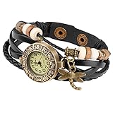 Taffstyle Damen-Armbanduhr Analog Quarz mit Leder-Armband Geflochten Charms Anhänger Uhr Retro Vintage Libelle Gold Schwarz