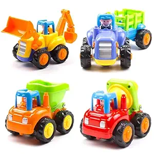 Snaptron 4 Pack Friction Powered Cars Kids Toys Construction Vehicles Toy Set Cartoon Push and Go Car Tractor, Bulldozer, Cement Mixer Truck, Dumper for Year Old Boy Girl Kid Gift